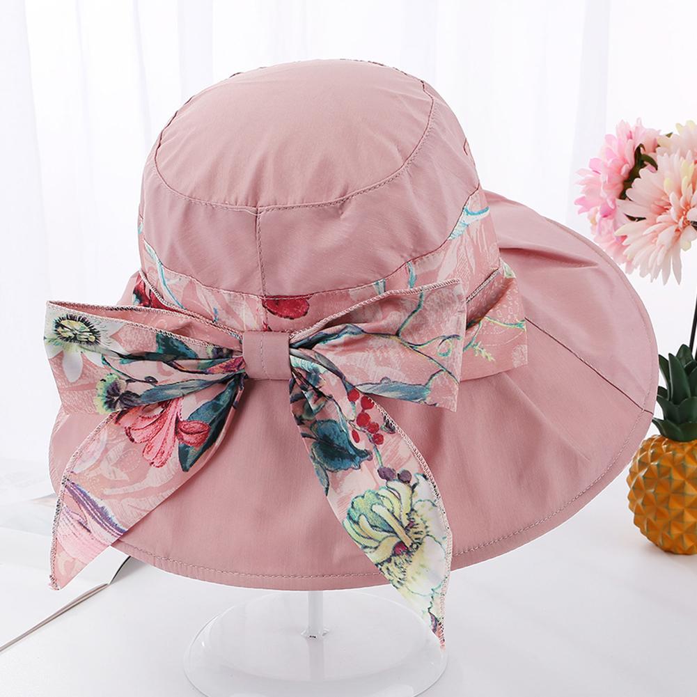 Female Summer Sun Hat Wide Brim Printing Bowknot Ribbon Foldable Soft Cap