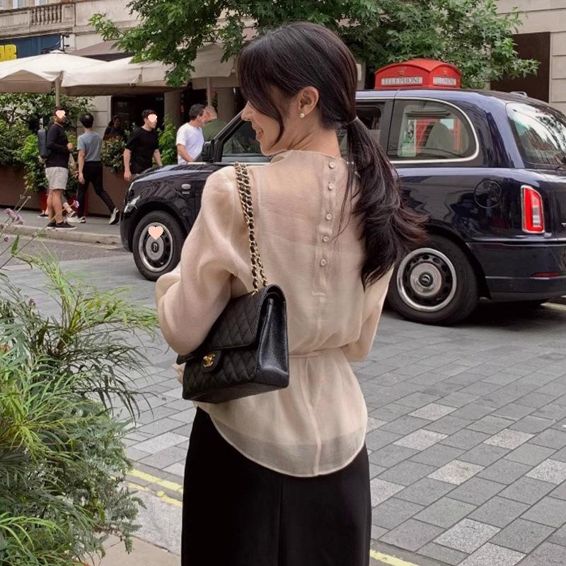 

Korean Chic Autumn Camisole & Long-Sleeve Shirt Set One Size бежевий