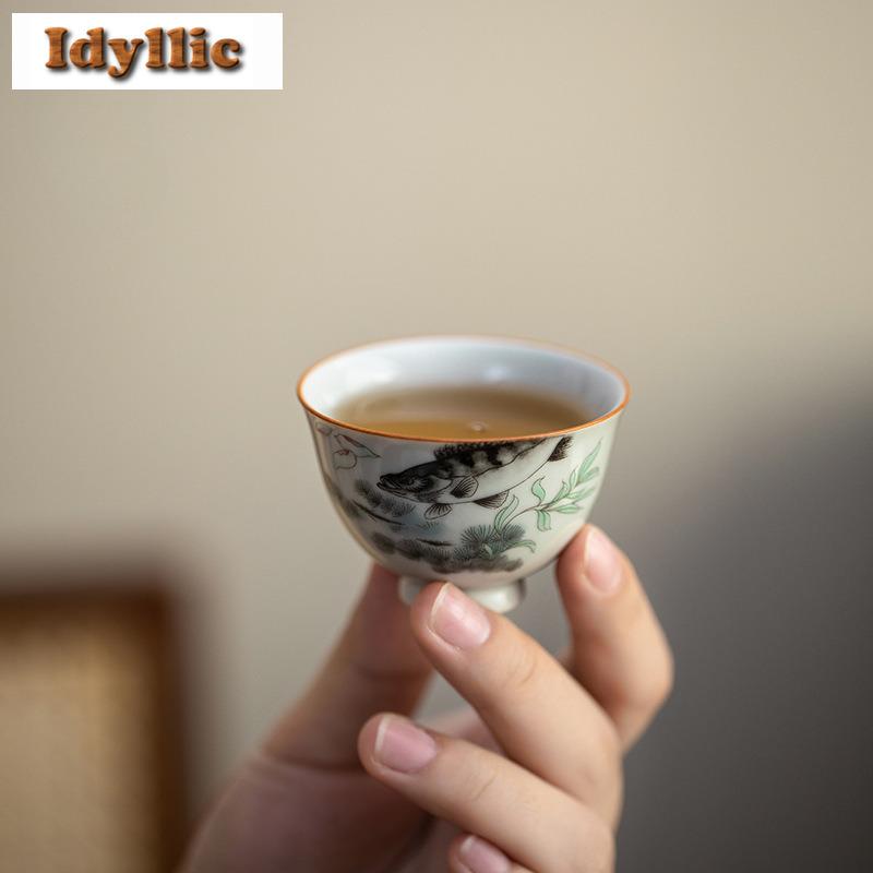 2 Stück/Los Antike Blaue Unterglasurfarbene Mandarinfisch Teetasse Retro Teeschale Tasse Teeverkostung Duftbecher Chazhan Meistertasse 40ml