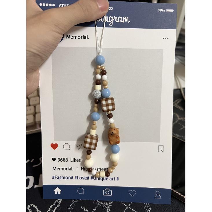 Brown Checkered Ceramic Bear Phone Lanyard DIY Beaded Chain Korean Style CCD Camera Key Short Anti-Lost Strap 【Brown Checkered Cerami