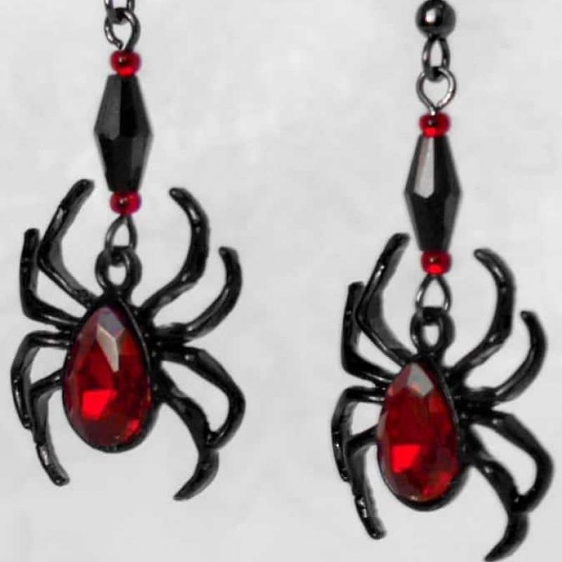 Schwarze Gothic-Ohrringe mit roten Kristallen und Spinnen