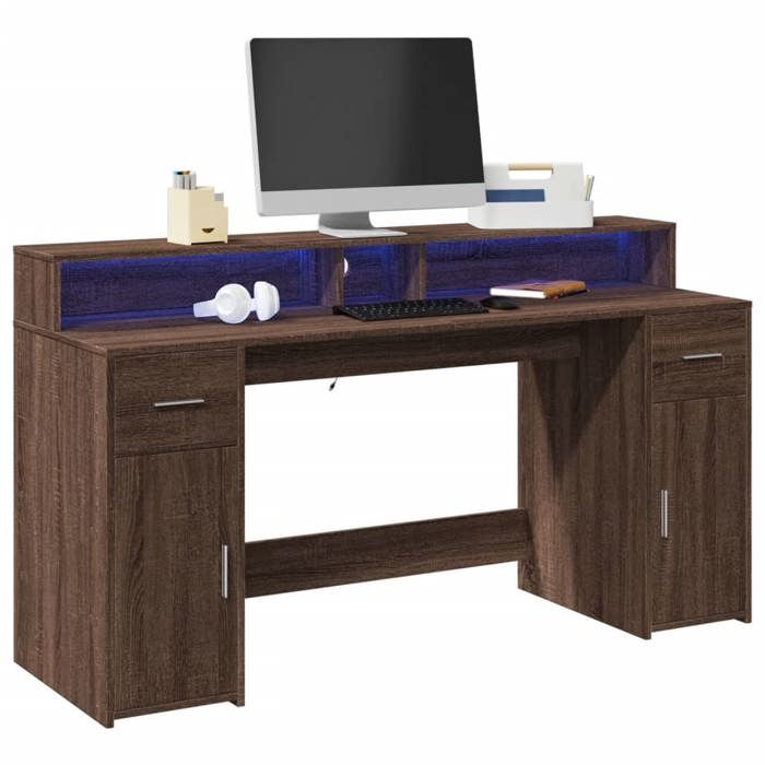 VidaXL Desk and LED Lights Brown Oak Engineered Wood, Work Desk, Study Desk, Home Office Desk, Desk 3309435