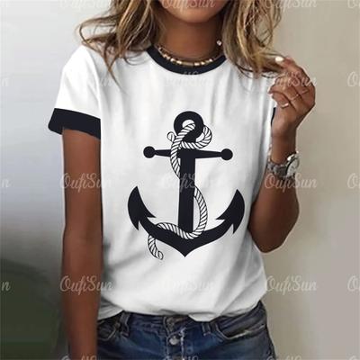 Camiseta de Mujer Ancla de Barco Estampado 3D Verano Casual Manga Corta Camisetas Ropa Urbana Cuello O Jersey Oversize Ropa Femenina