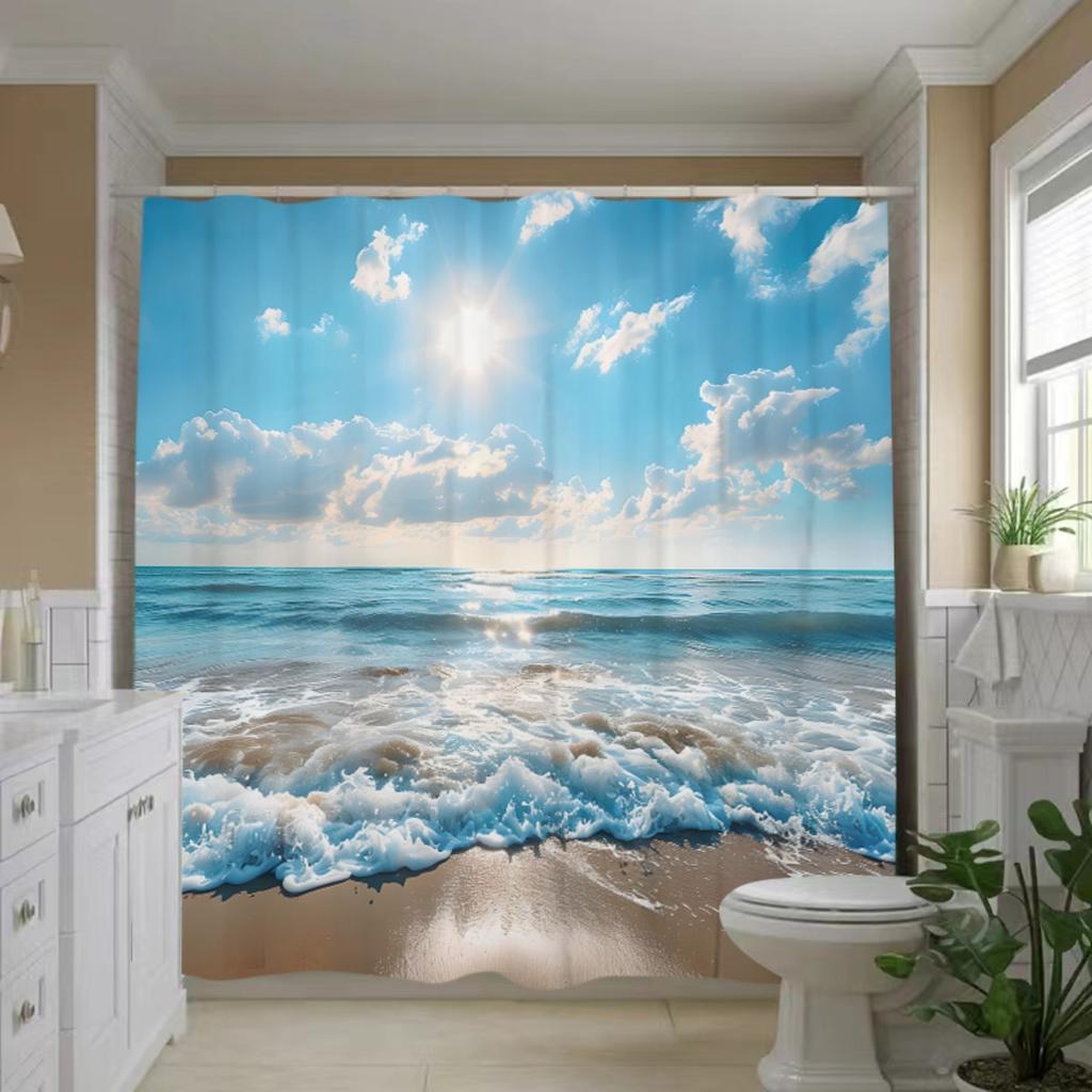 Sunny Beach Waves Shower Curtain Polyester Washable With 12 Hooks For Bathroom Decor