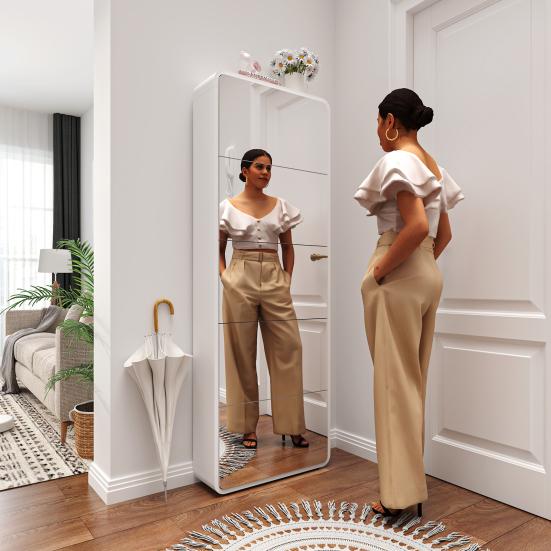 Mirror Shoe Rack Cabinet with 5 Flip Drawers, Mirrored Shoe Cabinet with Arc Design, Freestanding Tipping Shoe Organizer, Entryway,