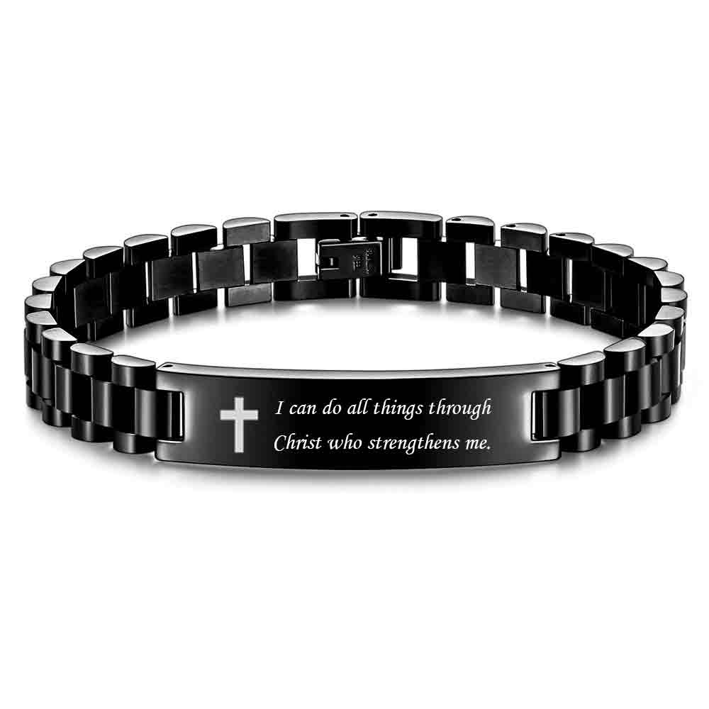 10MM Engraved Cross Bracelet, Men's Stainless Steel Scripture Curved Plate Bracelet