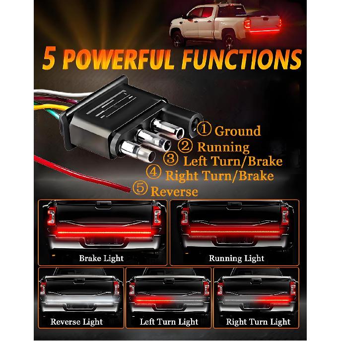 Qasim 48/49Inch LED Truck Tailgate Light Strip 5 Function Red/White For Tail Running Brake Light Turn Signal Emergency Warning Reverse Light For