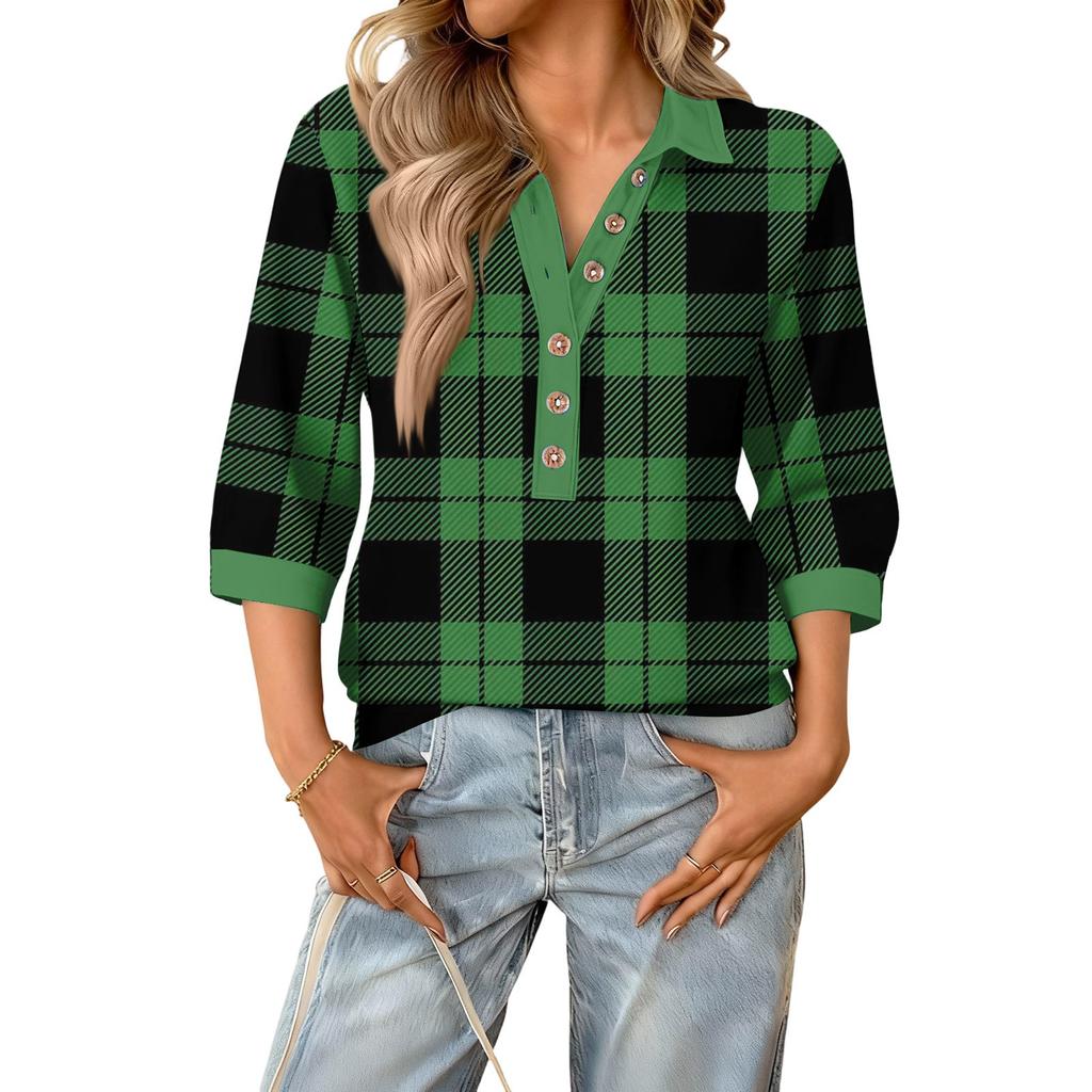 Blusa feminina moda verão casual gola V retalhos manga três quartos estampa xadrez