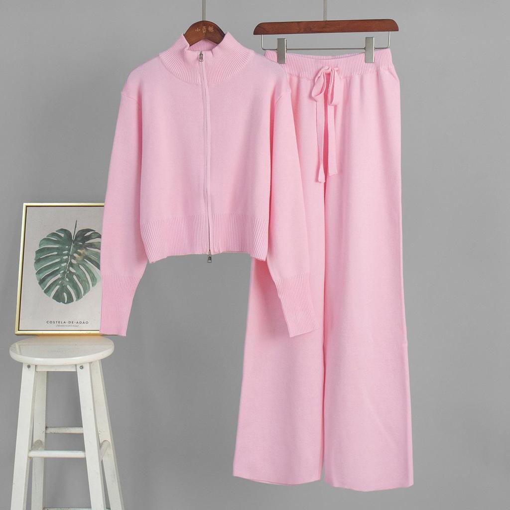 Women's Knitted Ribbed Zip Up Sweatshirt and Wide Leg Trousers Set In Pink