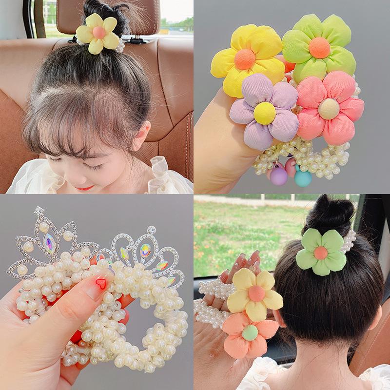 Princess Crown Pearl Hair Ties for Girls - Korean Style Bun and Ponytail Accessories