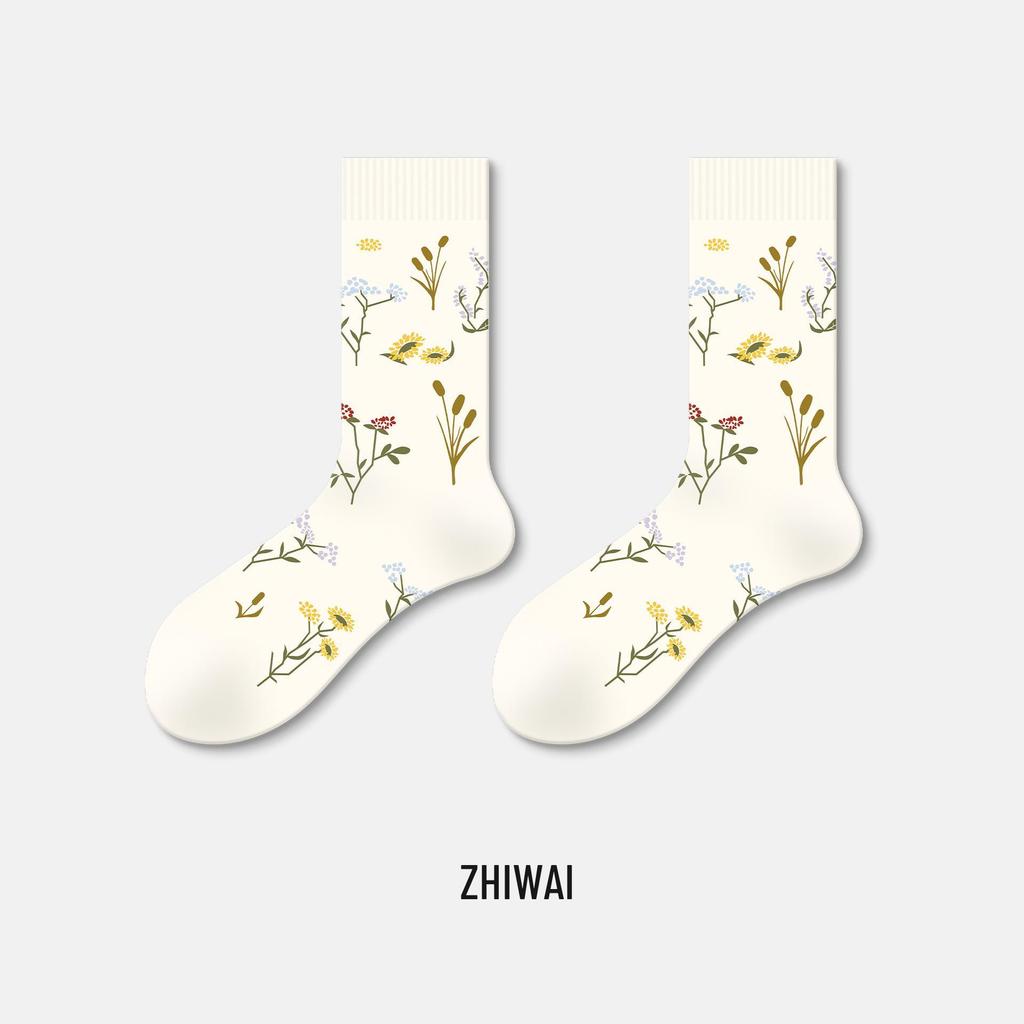 Damen Blumen Schleife Mid-Calf Socken - 5 Paar, Retro & Trendiges Color-Block Design