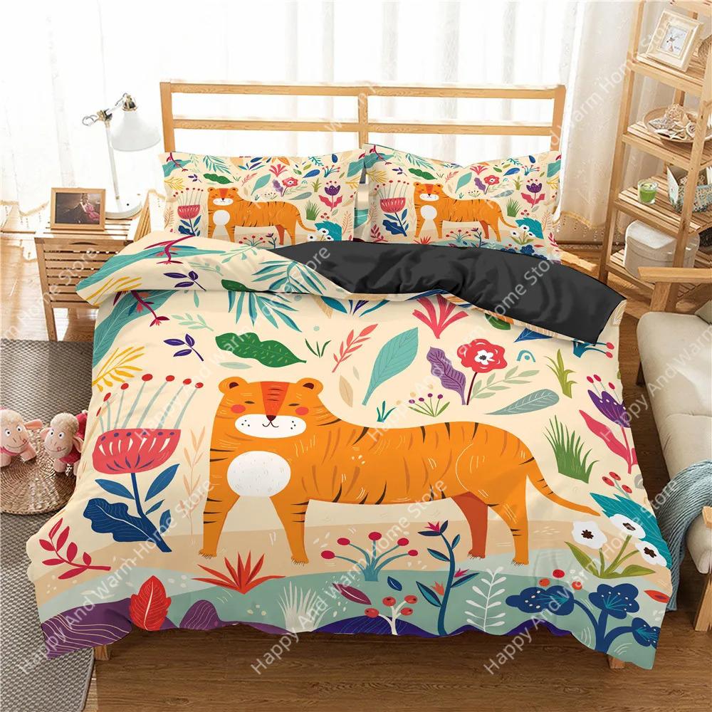 Dżungla Zwierzęta Miękka Poszewka na Kołdrę Rozmiar King/Queen Rośliny Tropikalne Liście Palmy Pościel dla Chłopców Tygrys Dzikie Zwierzęta 2/3 szt. Poliester Wygodna Poszewka na Kołdrę