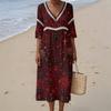 Women's Casual V-Neck Midi Dress with Halloween Print Pattern for Summer Beach and Party Occasions