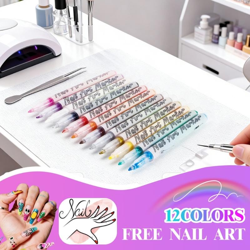 12 Color Quick Dry Nail Art Pens Fine Tip for Precise Drawing Not Require Lamp Water Based Safe for DIY Manicures