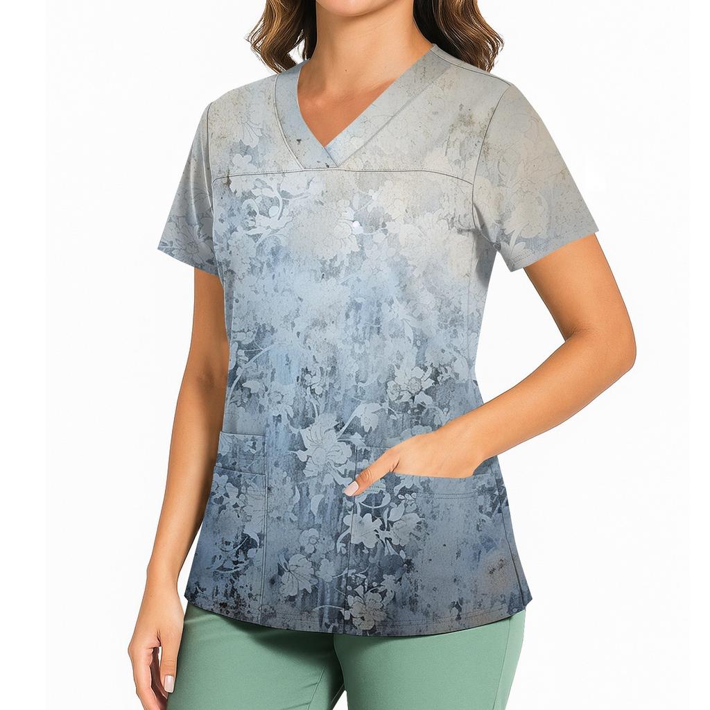 Women's Casual Printed V-Neck Pocket Side Slit Short Sleeved Top Short Sleeved Top