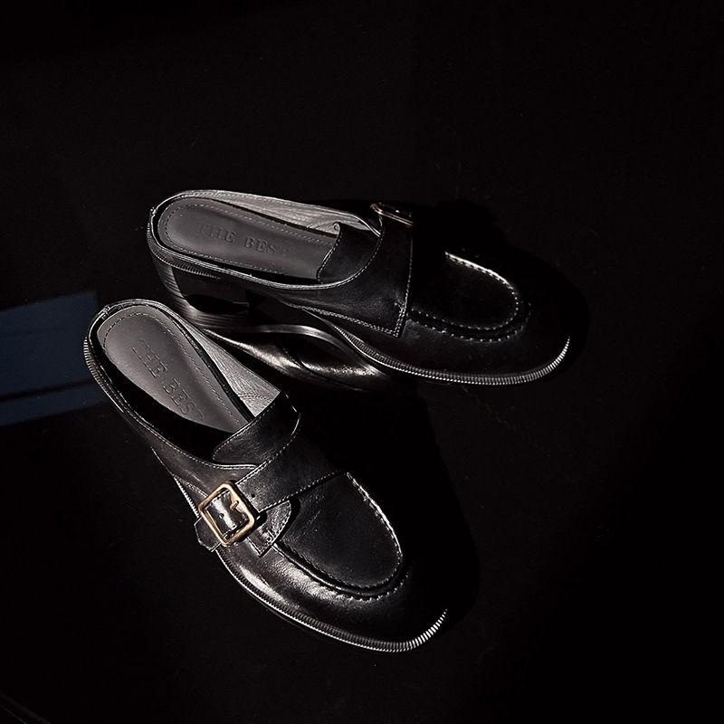 Fashion 2025 Women's New Spring/Summer Retro Round Toe Genuine Leather Sheepskin Headband Comfortable Mid Heel Large Muller Slippers