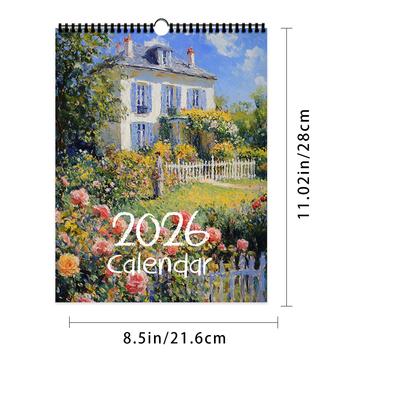 1 ks 2026 Nástěnný kalendář, Série léčení olejomalbou Monet, 12 Krásných designů, Perfektní dárek k narozeninám, Vánocům, Novému roku