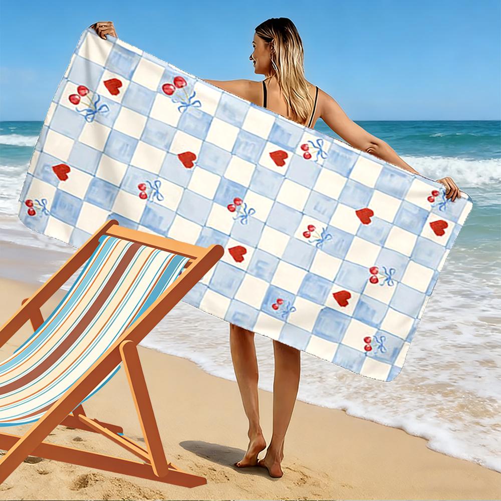 Blue Checkered Pattern with Hearts and Cherries Beach towel quick-drying for travel outdoor sports jogging beach and swimming