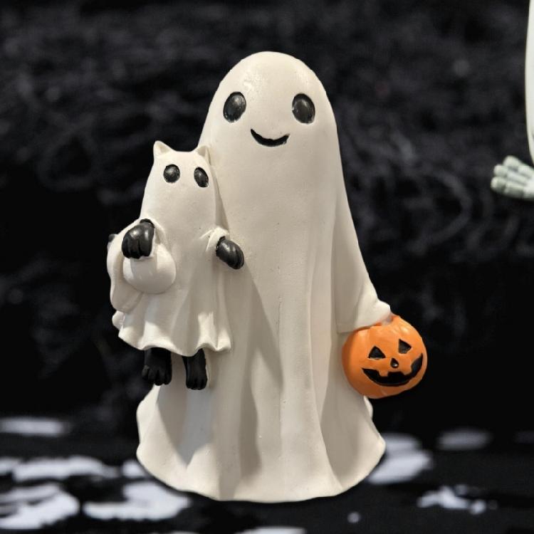Whimsically Ghostly Holding Cats Pumpkin Resins Figurine Halloween Home Decors Artistic Craft Nontoxic Finish Ornament