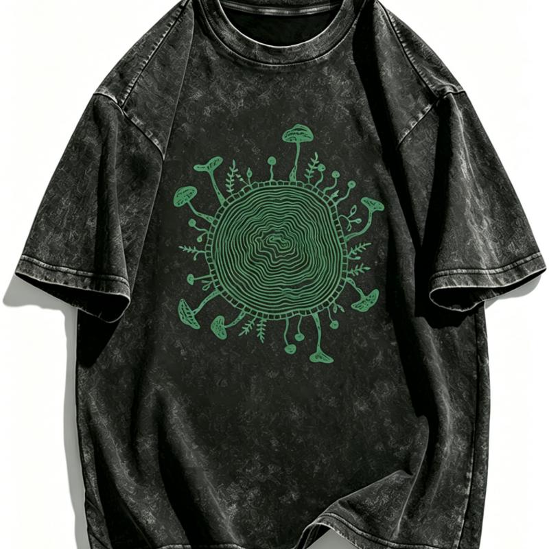 Men's Women's Vintage Washed Oversized T-shirt Retro Surreal Tree Ring Mushroom 90s Psychedelic Short Sleeve Tee