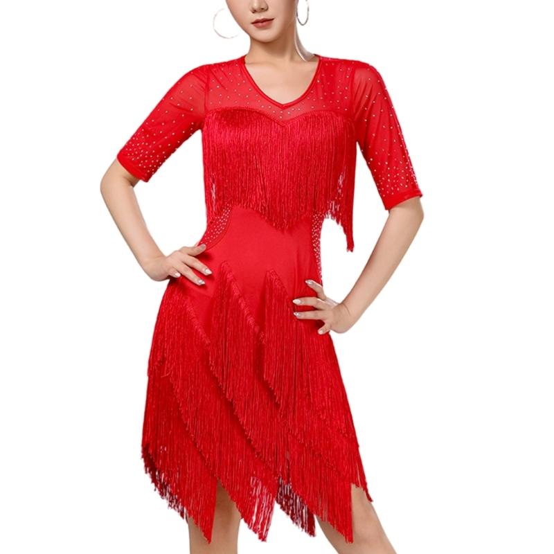 Stage Ready Latin Dance Costume Lightweight Breathable Fabric Sparkling Sequins Flattering Fringe Design