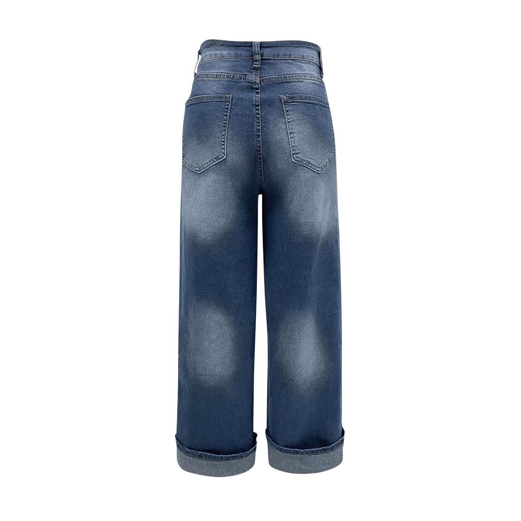 Jeans alla moda da donna a gamba dritta con tasche colorate e bordo arrotolato
