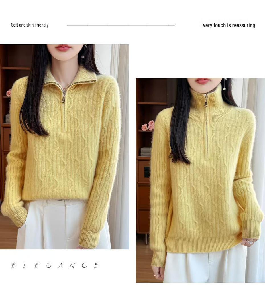 Women's Wool Half-Zip Lapel Sweater - Thick Knit Base Layer for Autumn & Winter