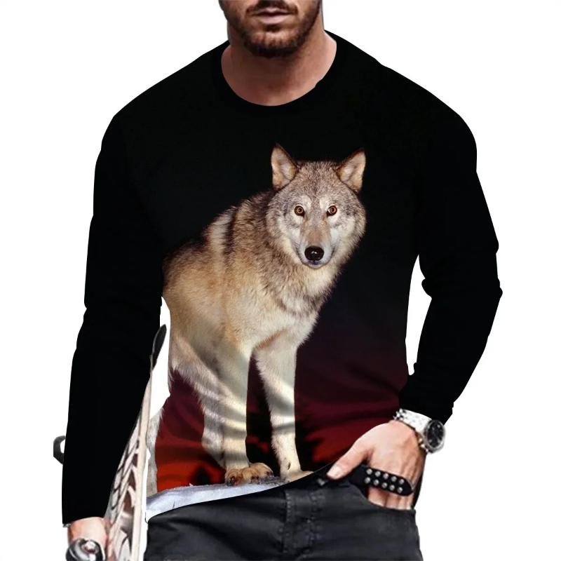 New Tide The Wolf  Pattern European Size long Sleeved T-shirt For Men's Casual Autumn Trend Top Round Neck Tee