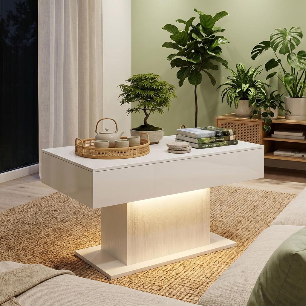 LED Coffee Table with Storage, High Gloss, Modern, 2 Drawers & Remote Control, White