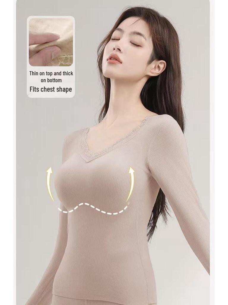 Women's Cashmere & Silk Lace V-Neck Long Sleeve Slimming Top Set