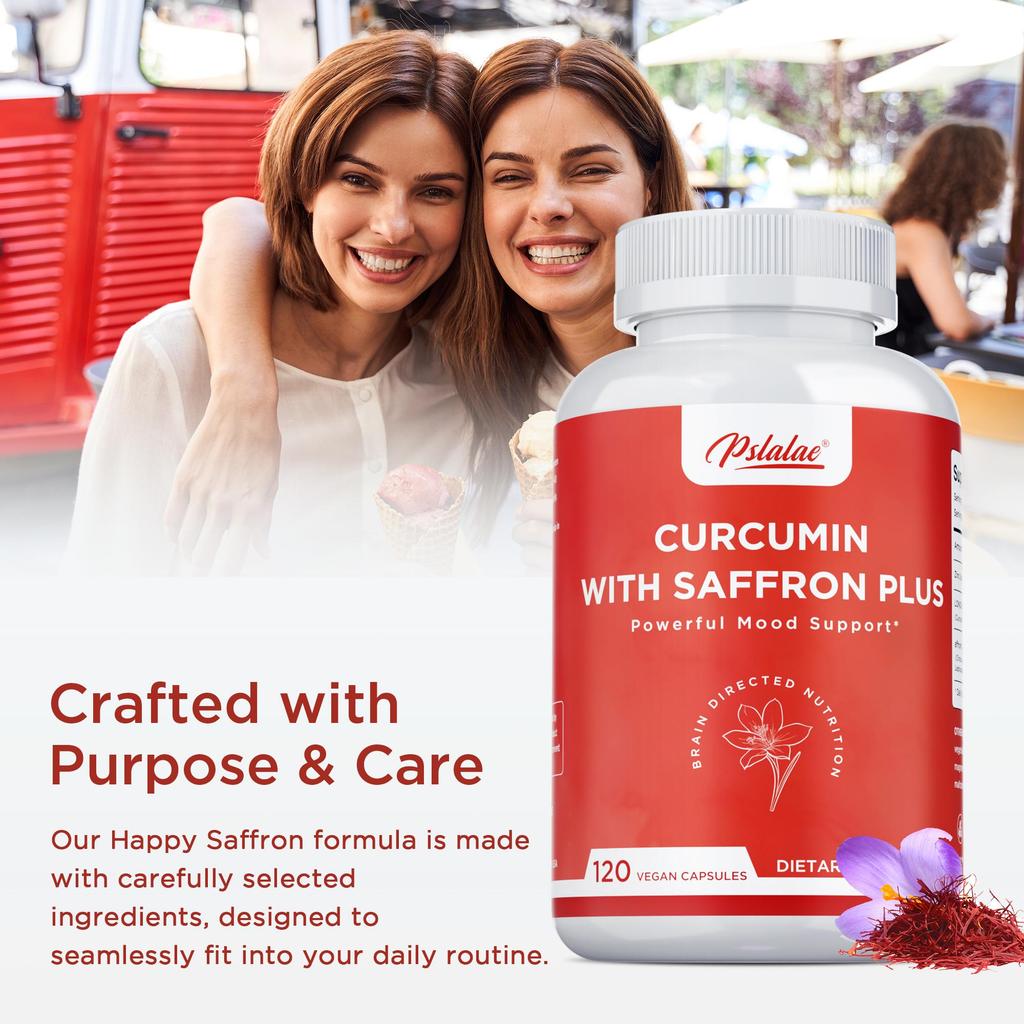Curcumin capsules with zinc and saffron extract; supports mood regulation and boosts daily vitality; suitable for adults.