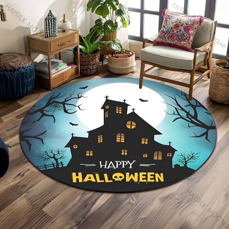 Pumpkin Head Bat Castle Halloween Round Carpet Floor Mat Suitable for Children's Bedroom Decor Living Room Round Rugs for Gifts