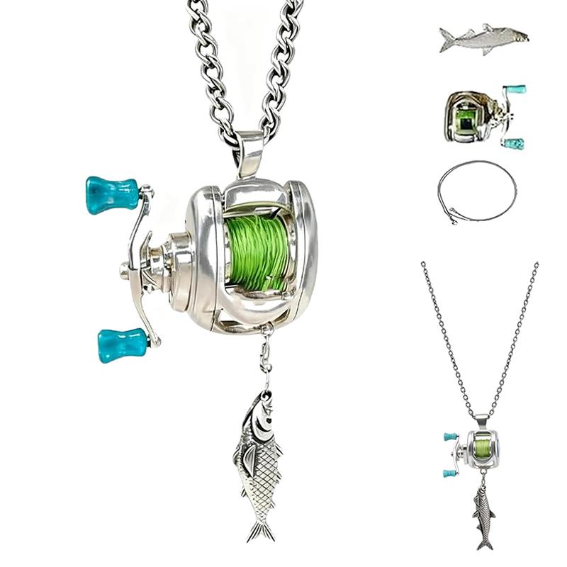 Colar Mini Molinete de Pesca, Pingente Chaveiro Molinete Giratório com Manivela, Enfeite para Mochila, Chaveiro Para Pescadores