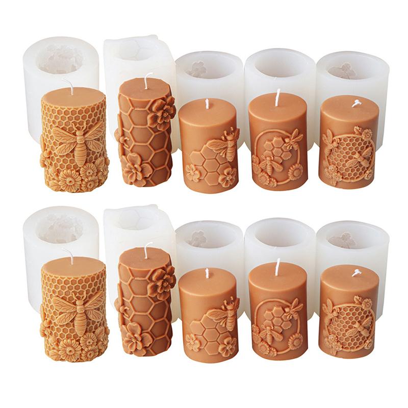 3D Relief Bee Cylindrical Candle Silicone Mold Diy Honeycomb Column Aromatherapy Candle Plaster Making Tool Handmade Gift Decor