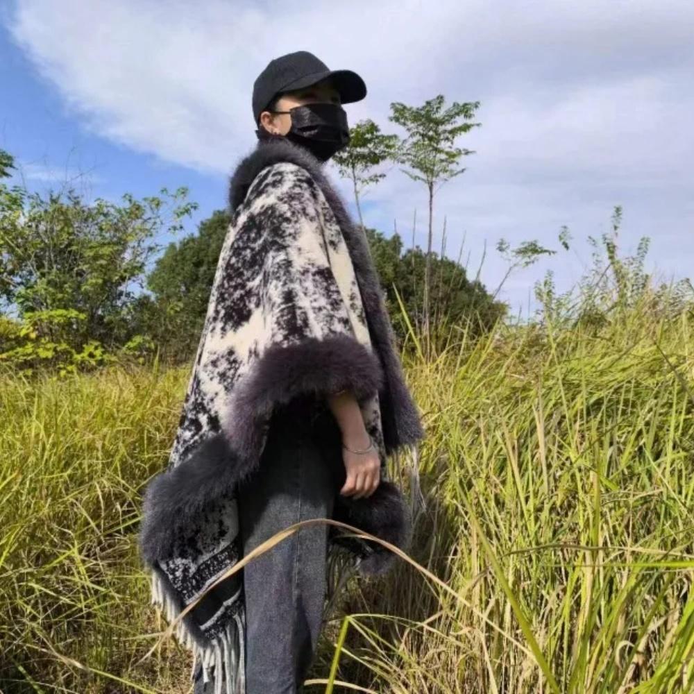 Custom Made Women Loose Faux Fur Ball Winter Warm Cardigan Shawl Cape Oversize Lining Velvet Cloak Overcoat Poncho Overcoat