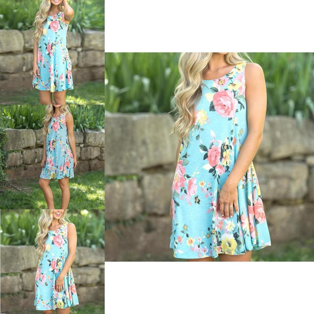 Sexy Summer Dress Loose Womans Fashion Casual Floral Print Sleeveless Dress In Bright Blue