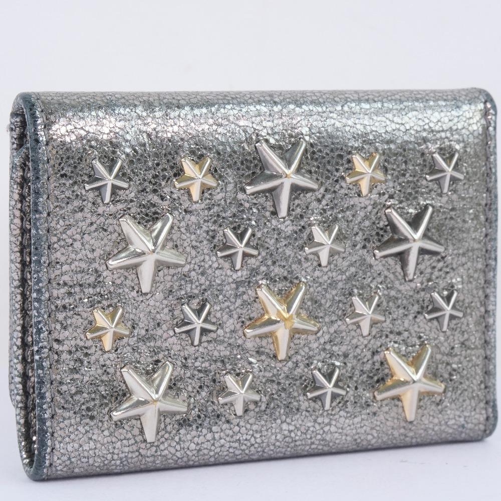 Jimmy Choo Star Studs Tri-fold Wallet Metallic Silver Calfskin Women Used