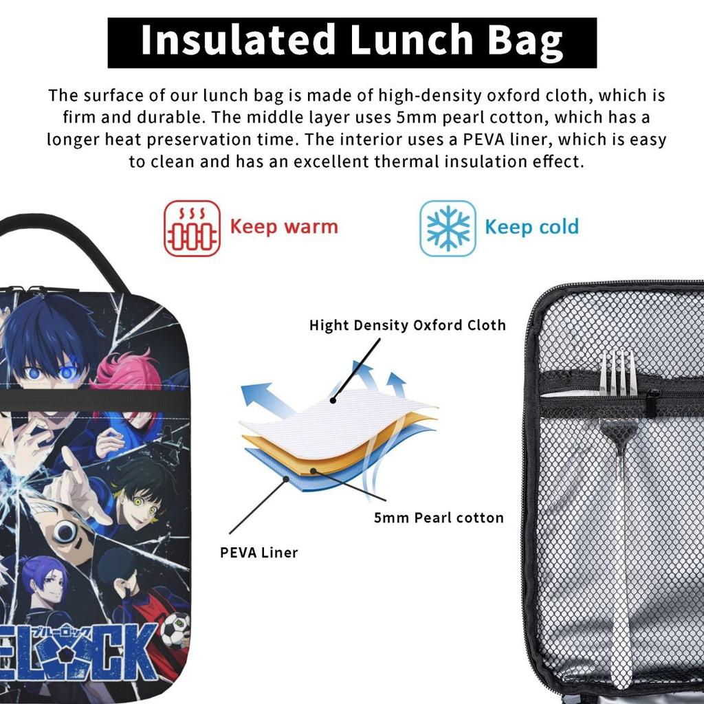 Anime Blue Locks Insulated Lunch Bag for Women Kids Leakproof Food Boxes Thermal Lunch Box Tote