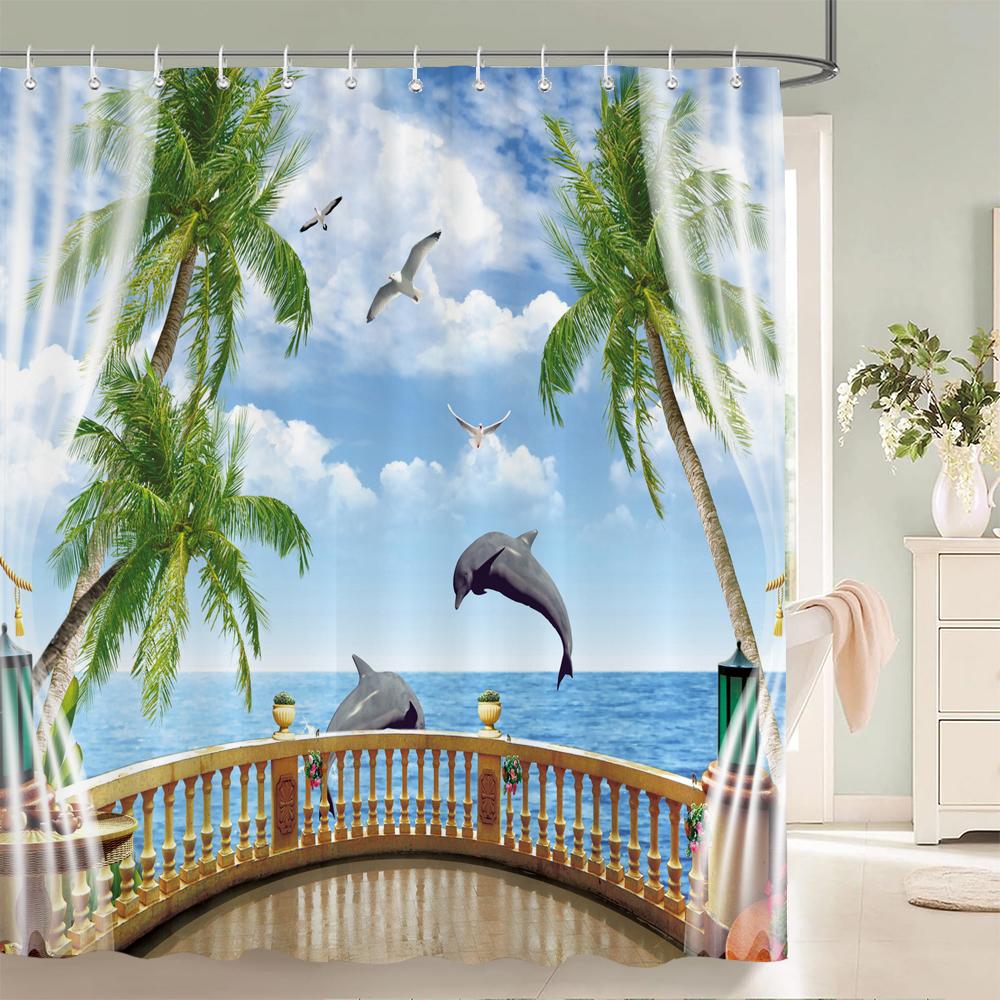 Outside the Window Seaside Scenic Beach Shower Curtains Bathroom Curtain Frabic Waterproof Bath Curtains for Bathroom 180x180cm