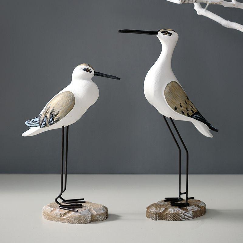 2pcs Wooden Seagull Statues – Nautical Coastal Bird Figurines for Beach Home Decor