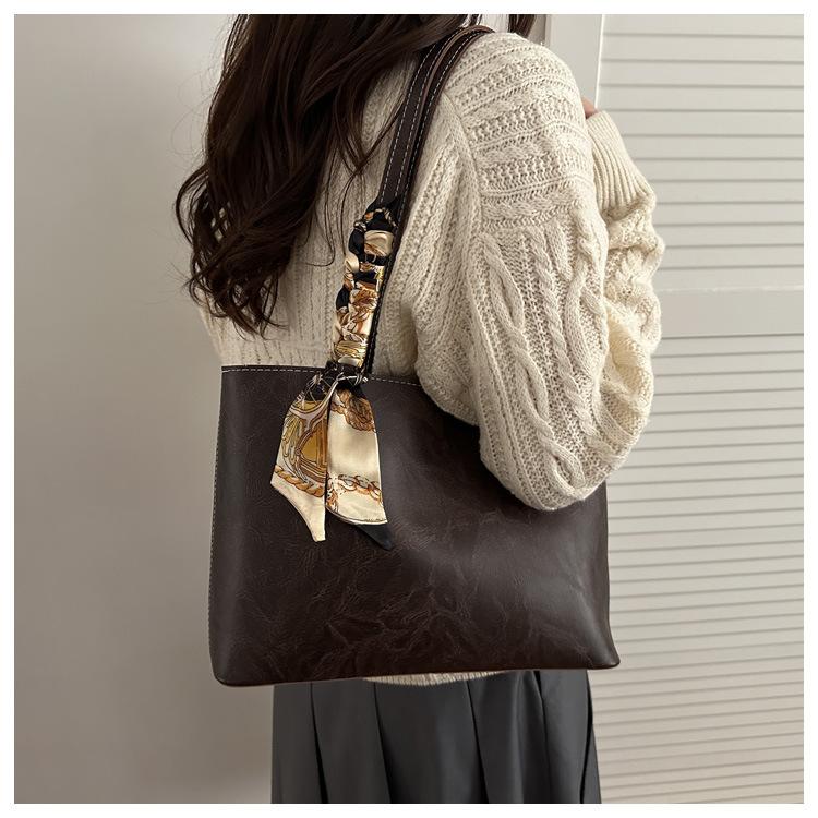 Retro Thread Design Women Pu Leather Shoulder Bags Large Capacity Ladies Work Tote Bag Elegant Scarf Female Handbags with Zipper