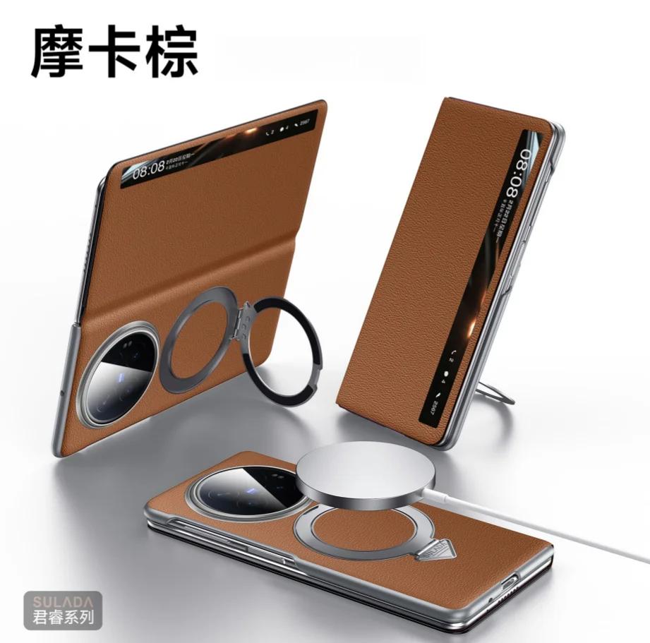 Original Luxury Genuine Leather Magnetic Case For Vivo X Fold6/Fold5/ Fold 6 5 Metal Ring Holder Bracket Window View Flip Cover