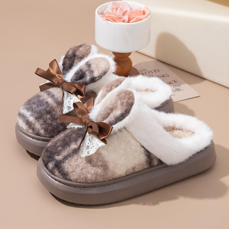 Thick-bottomed cotton slippers autumn and winter bow new home use velvet warm non-slip slippers winter
