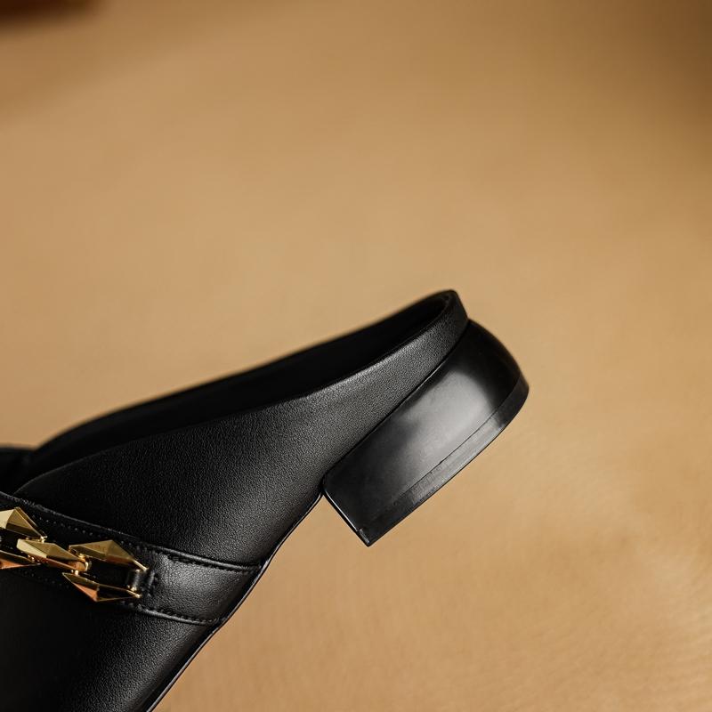 Fashion Women's New Summer Genuine Leather Cowhide Metal Belt Buckle, Low Heel and Toe Wrapped M Ü Ller Slippers