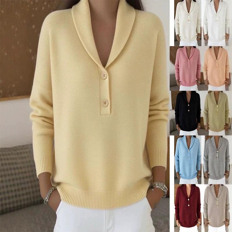 2026 Women's Polo Collar Knit Sweater - European & American Style, Solid Color, Casual Fashion for Autumn & Winter