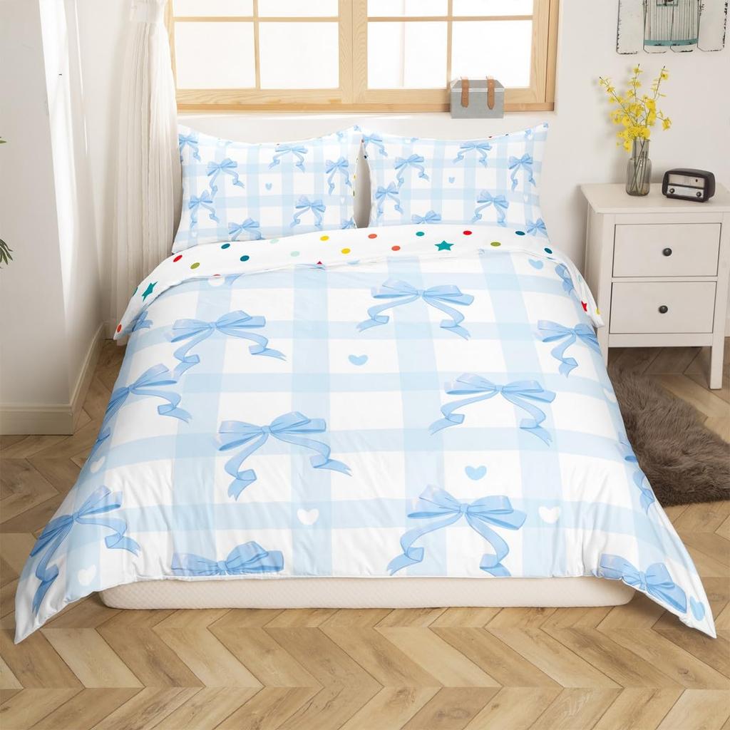 Cute Kawaii Bowknot Kids Duvet Cover Geometric Plaid Butterfly Knot  Quilt Cover For Girls Teen  Women Adults 3 Pcs  No Quilt