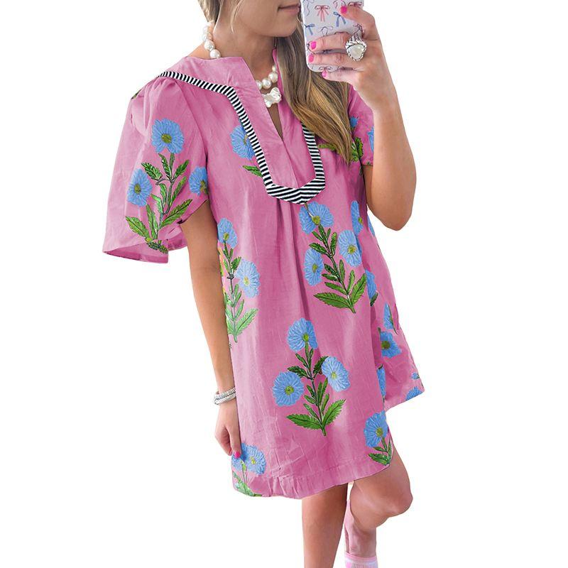 

American Shiying Cute Color Matching Puff Sleeve Dress Women 2025 Summer New Arrival Florals Loose Short Skirt Women Rose Red L code fits (62.50 kg-70.00 kg