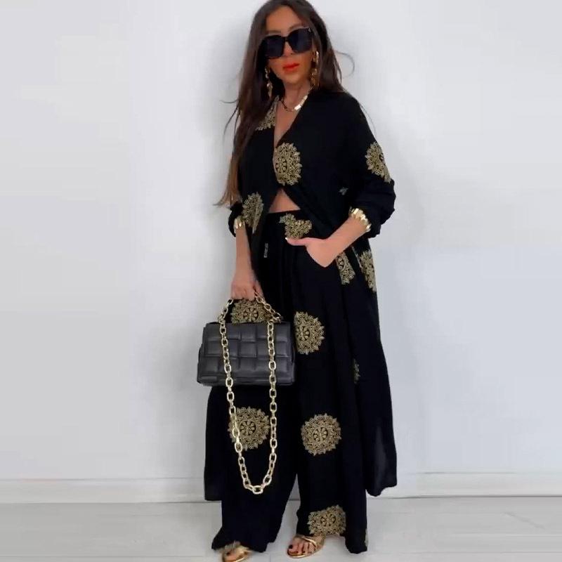 Completo Robe Lunga Vintage Stampata Larga da Donna Primavera Estate Casual Camicia a Bottoni Bluse Pantaloni a Gamba Larga Outfit Due Pezzi Oversize