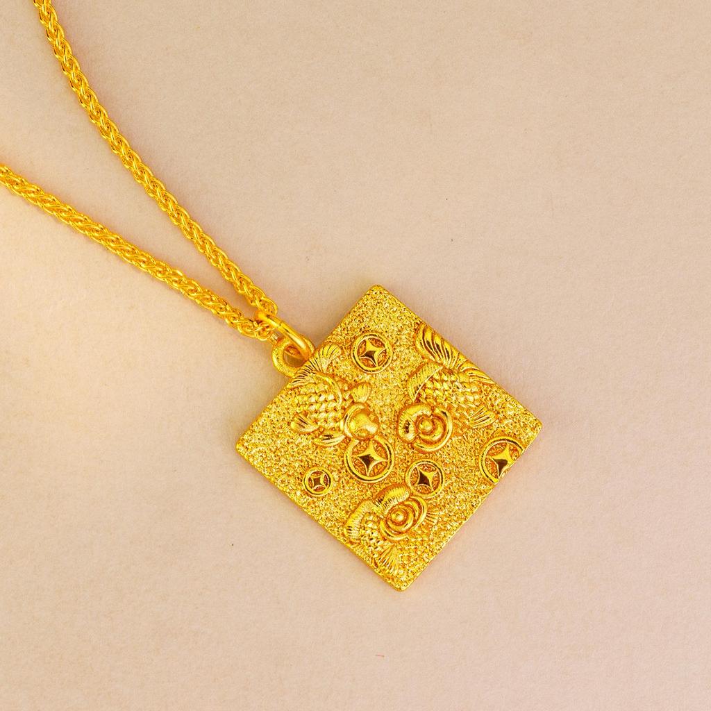 Vintage Gold Koi & Coins Square Pendant Necklace for Women - Elegant Clavicle Chain Jewelry