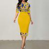Women Dress Leaf Pattern Crew Neck Plant Knee Length Banquet Dress Women Clothes